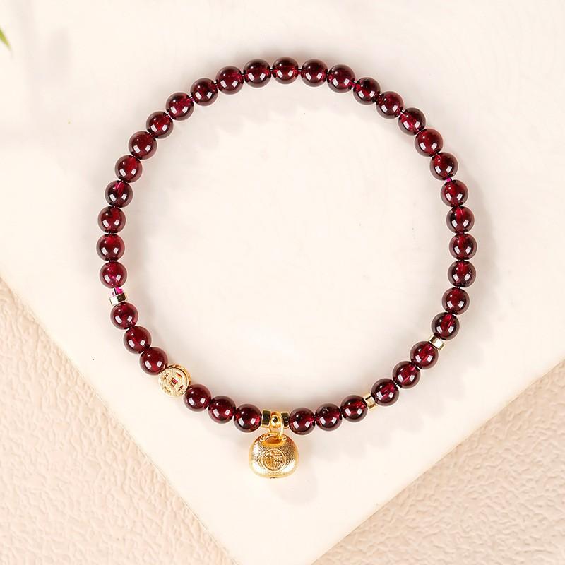 Natural Garnet Beaded Bracelet With Coin Charm Lucky Bag Pendant Boho Chic Womens Handmade Jewelry Gift Bead Diameter 4mm