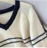 2026 Fall/Winter Korean Casual Color Block V-Neck Striped Knit Sweater