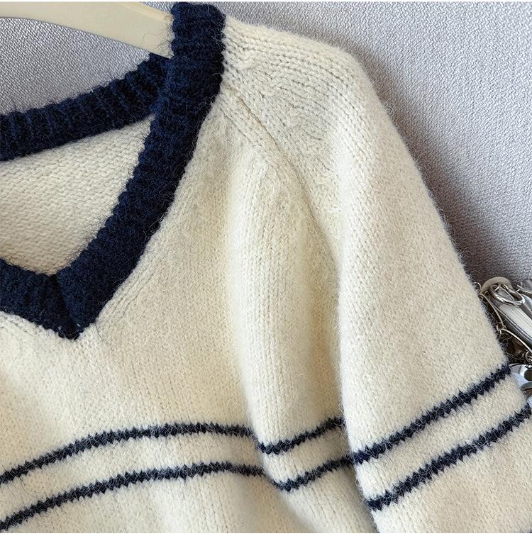 2026 Fall/Winter Korean Casual Color Block V-Neck Striped Knit Sweater