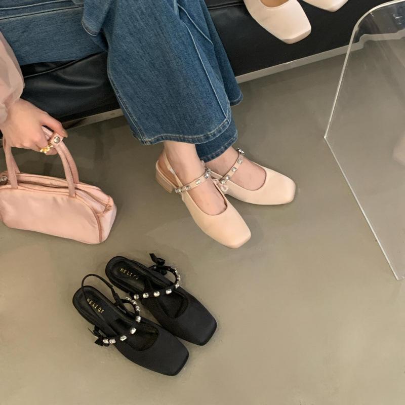 2025 new retro Mary Jane single shoes back strap summer square head medium heel French bag head sandals women's spring and autumn