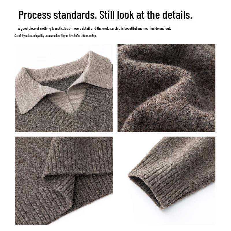 VUUG Men's Vintage Fake Two-Piece Lapel V-Neck Knit Sweater