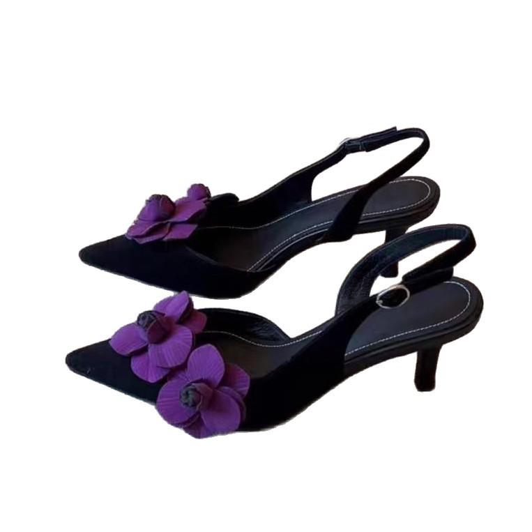 Baotou sandals Korean version pointed head shallow mouth thin heel empty sandals women's spring and summer new flower high heel Baotou women's sandals