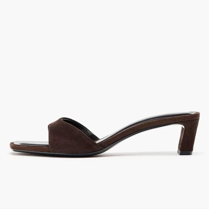 Vintage Brown Faux Suede Slippers for Women Fashion Square Toe Chunky Heel Slides Sandals Summer Sexy Open Toe Designer Shoes
