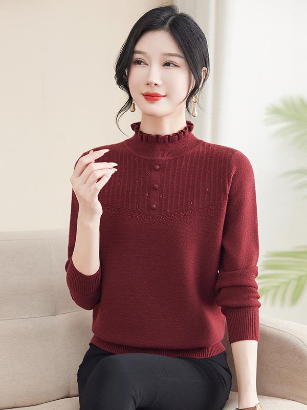 Mom's Autumn Style Elegant Half-High Collar Sweater for Middle-Aged and Elderly Women - Knitted Fall/Winter Inner Wear
