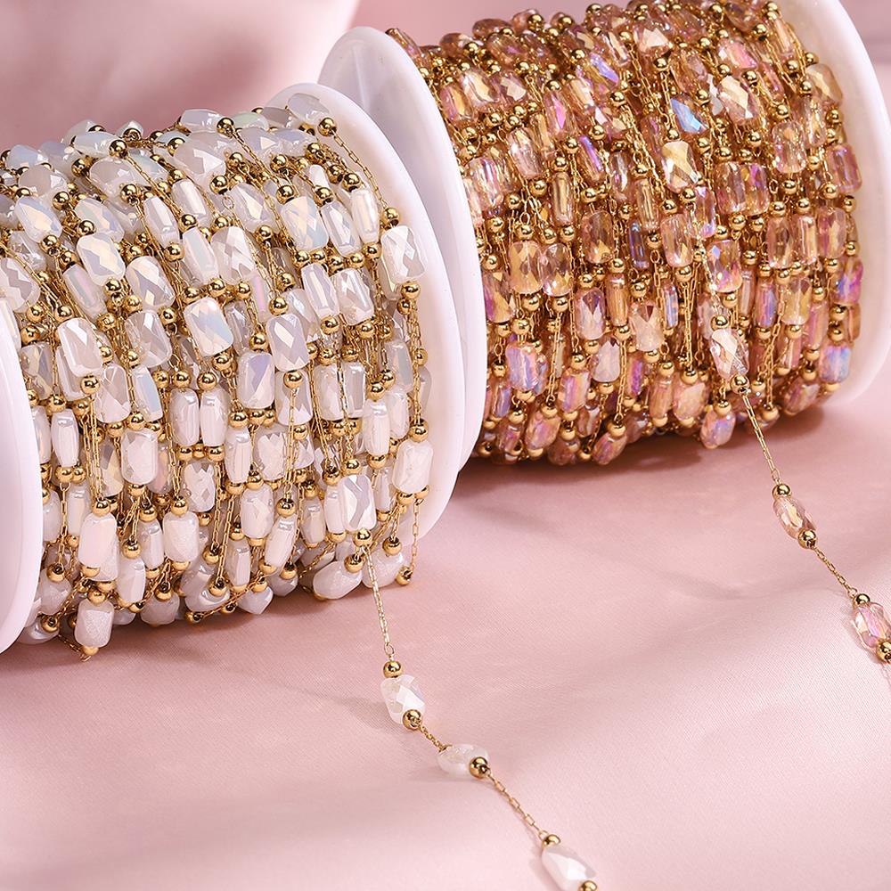 No Fade 2Meters 1Meter Stainless Steel Pink White Natural Stone Crystal Beaded Chains for Necklace Bracelet Jewelry Making DIY