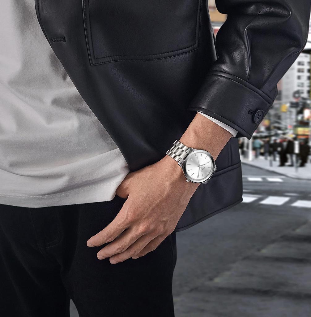 BUREI Men's Analog Quartz Watch Simple Waterproof Black Wristwatch Popular Stylish Gentleman Business Casual Men's Watch (Silver)