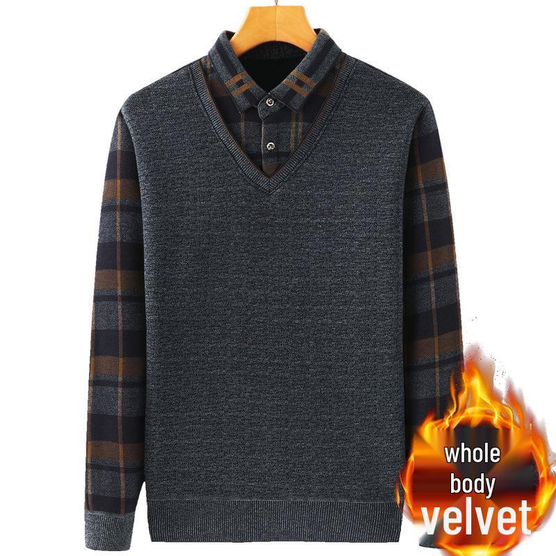 Middle-aged & Elderly Men's Thickened Velvet Knit Sweater Faux Two-Piece