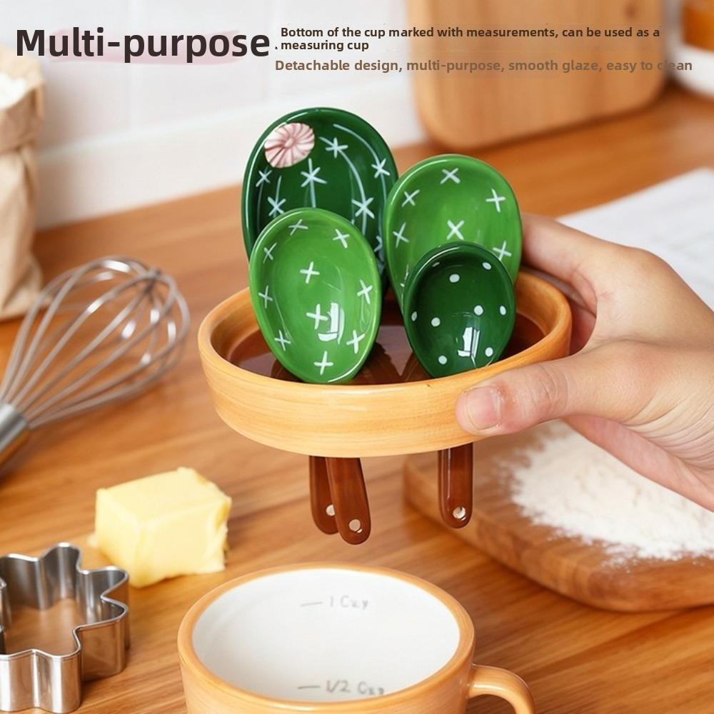 with Base Measuring Spoons Set Ceramic Cactus Ornament Kitchen Measuring Spoons  Seasoning Storage