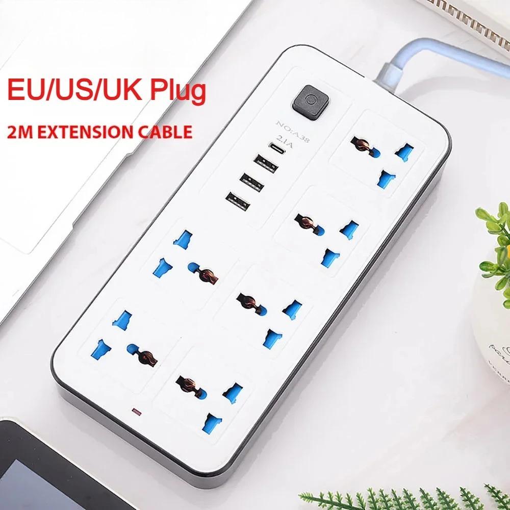 2m Extension Cord Power Multi Tap Multi Ports AC Sockets & 3 USB Electrical Socket Type C Smart Home EU US UK Universal Plug