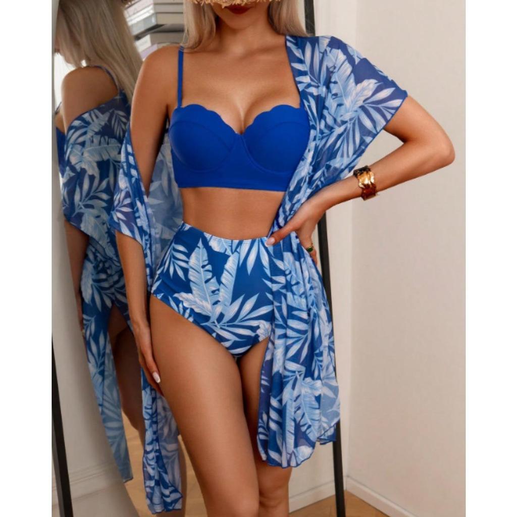 1 Set Badpak Bladprint Hoge Taille Mesh Jas Driehoek Slank Makende Bikini Badpak Dames Set