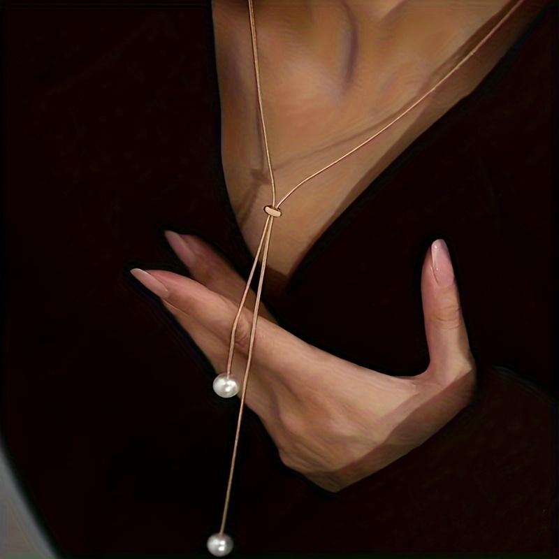 Long Pull Adjustable Pearl Necklace Alloy Jewelry Bohemian Elegant Style for Women Winter Sweater Chain
