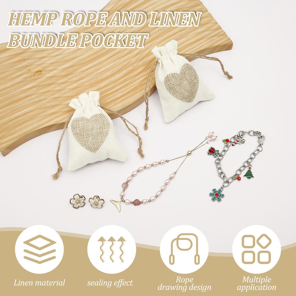 50Pcs Drawstring Jute Bags Reusable Linen Small Present Bags with Heart Pattern Versatile Empty Sachet Pouch for Presents