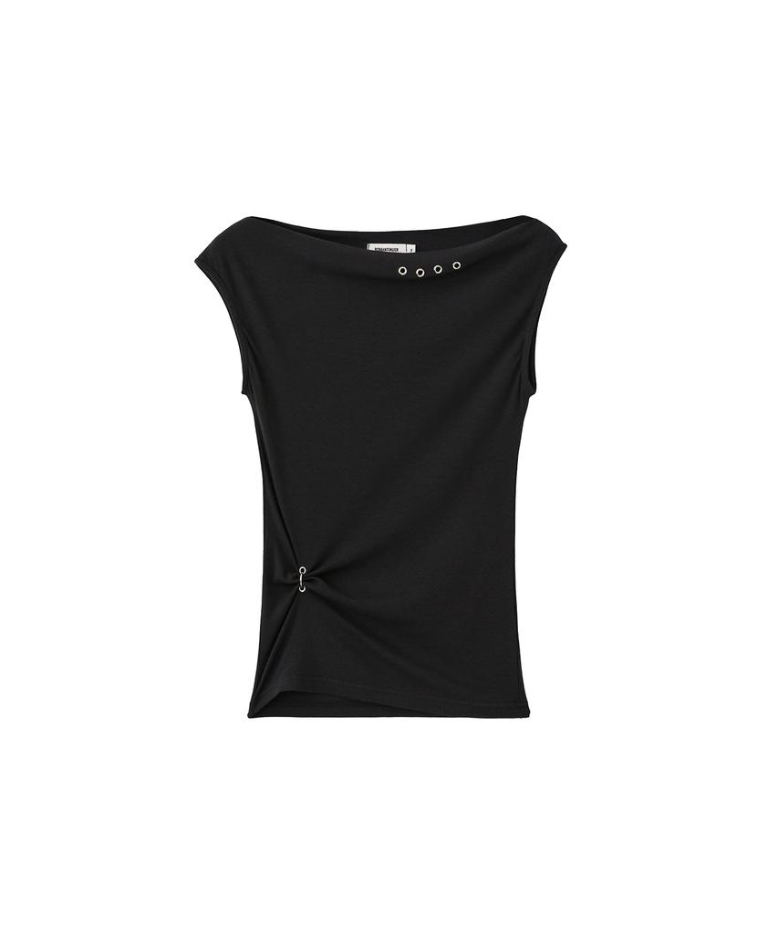 Lomaentinueo One-Shoulder Eyelet Sleeveless Top (Black)