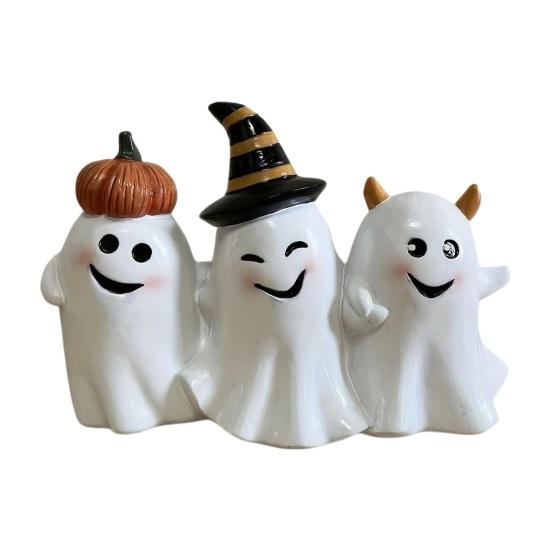 Halloween Ghost Figurine Cute 3 Ghosts Holding Hands Statue Resin Tabletop Ornament for Indoor Bookshelf Windowsill Decor