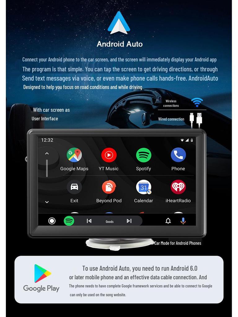 7" Portable Car Bluetooth MP5 Player with Android Auto, Rear View, Apple CarPlay, and Reversing Screen