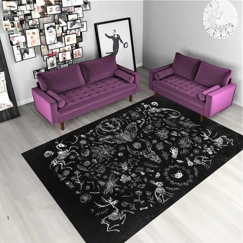 Witch Rug,Witchy Aesthetic Rug Witchy Journal Bat Gothic Rug Skull Skeleton Rug Gothic Design Deer Butterfly Rug Area Mats 40X60CM