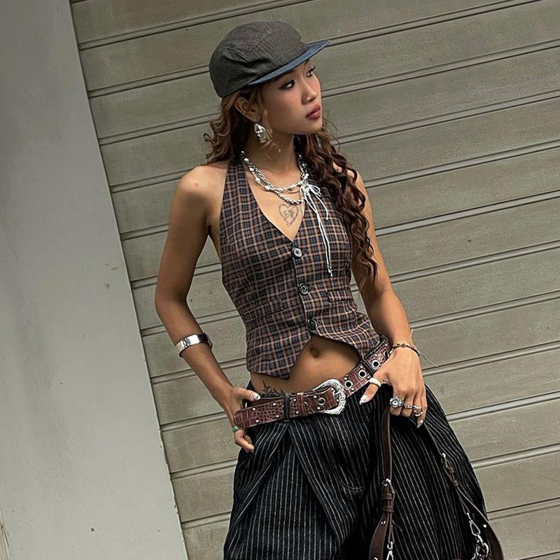 Women's Plaid Halter Vest V-neck Button Front Crop Top Vintage Y2K Streetwear