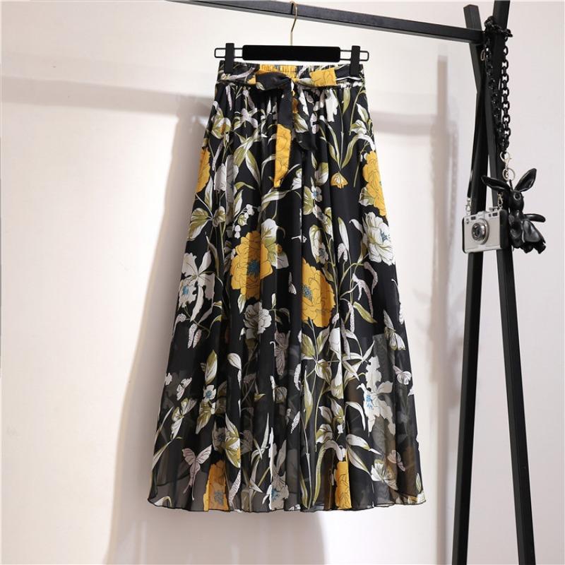 Bohemian Chiffon Half-length Dress for Spring and Summer Mid Length High Waist Fairy Floral Large Swing Skirt Beach Skirt
