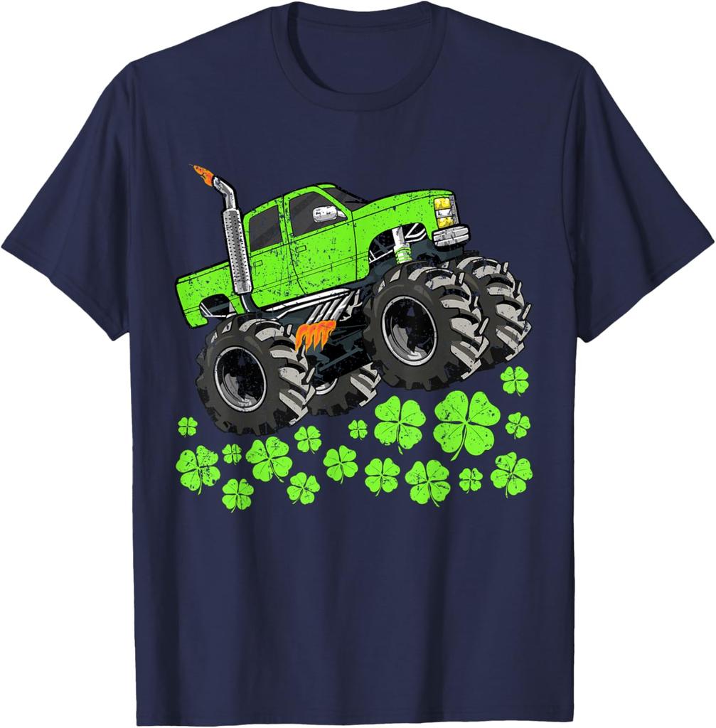 St Patricks Day Monster Truck Graphic Tee Shirt Green Clover Casual Short Sleeve Tops