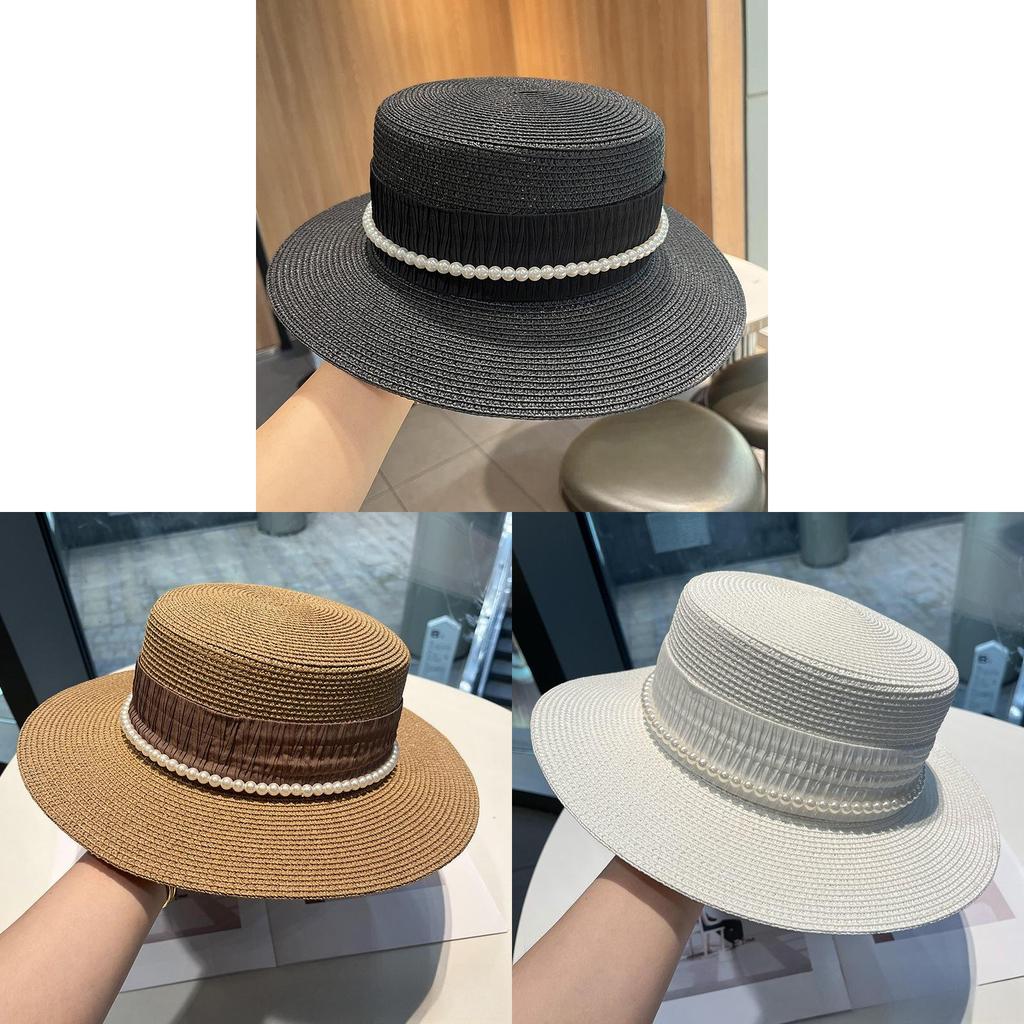 Summer Straw Hat With Pearl Chain And Wide Brim For Beach Sun Protection