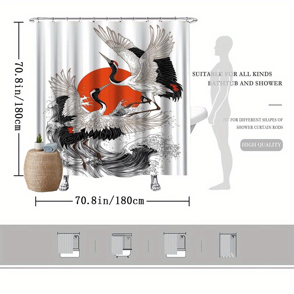 Red-Crowned Crane Shower Curtain – Japanese Art With Rising Sun & Ocean Waves, Black & White Includes Hooks, 70.8×70.8 Inches