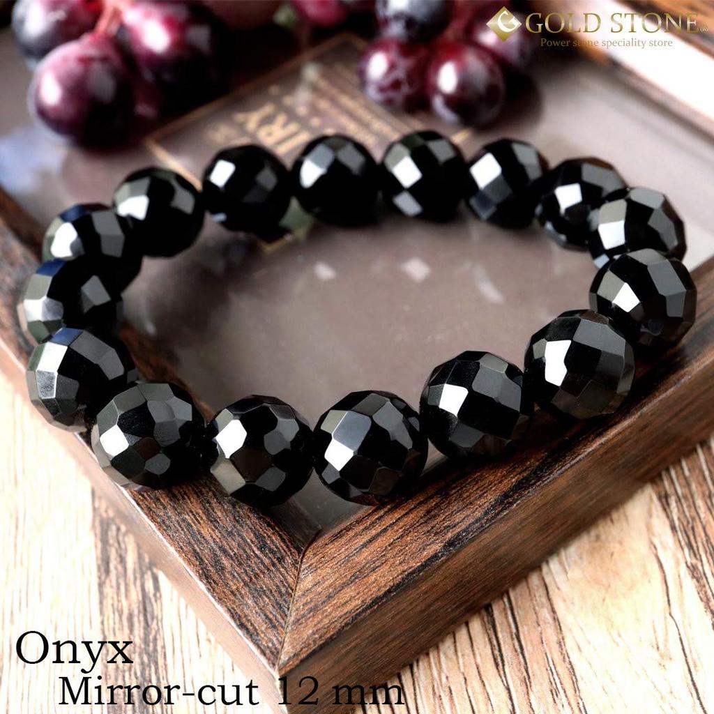 Bracelet for Men and Black Natural Power Inner circumference 19cm [GOLD STONE] Women, Onyx, Agate, Stone, Stone, 64-facet cut, 12mm, approx.