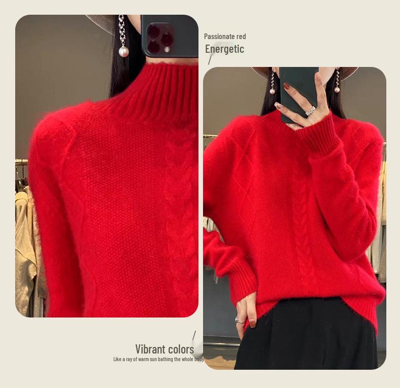 Women's Wool Cable Knit Sweater with High Collar - Thick, Cozy, and Loose Fit for Autumn/Winter