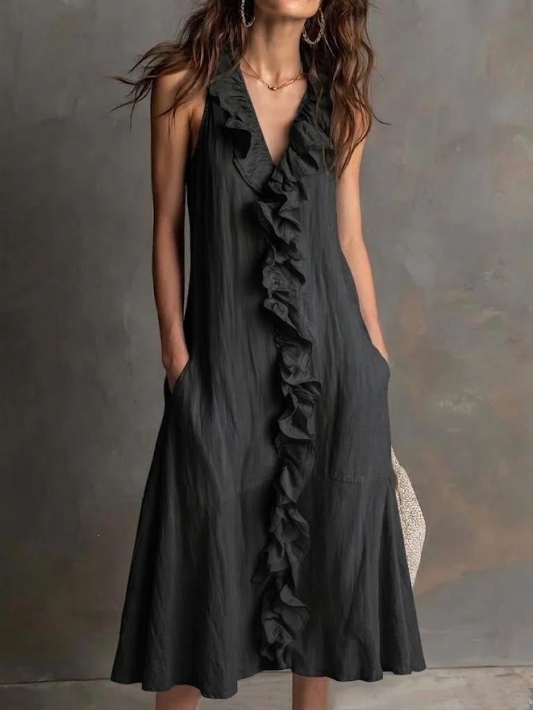 Spot women's clothing spring and summer new solid color sleeveless cotton and linen V-neck large pendulum ruffle edge dress