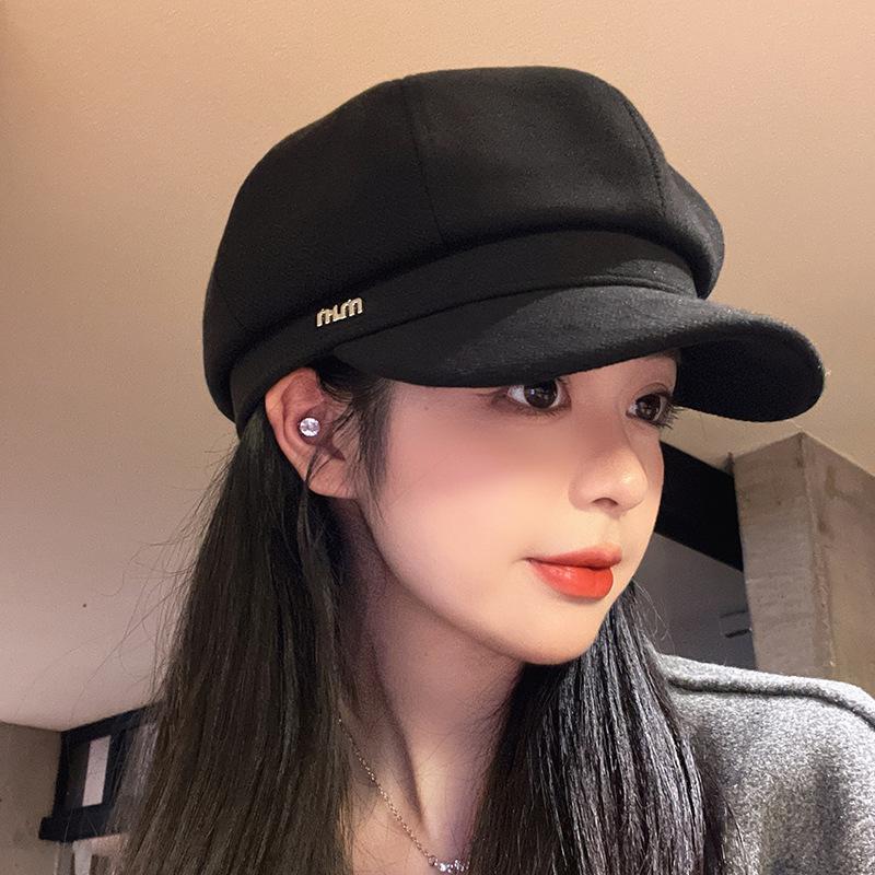 Hat Female Autumn and Winter Versatile Wool Duck Tongue Beret Show Face Small Warm Octagonal Hat Big Head Newsboy Hat