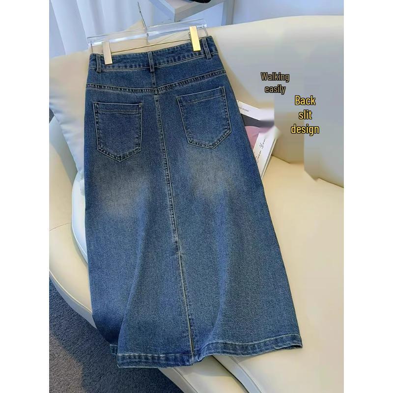 Damen Retro Denim Midirock mit Stickerei - Frühling & Herbst 2025 Kollektion, A-Linie, Hüftbetontes Design.