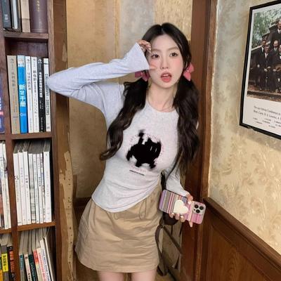 Nowe mody Kawaii nadruk kota Grunge t-shirty jesień słodki kwiat szary krótki Top kobiety Y2k estetyczne Al Match koszulki Harajuku