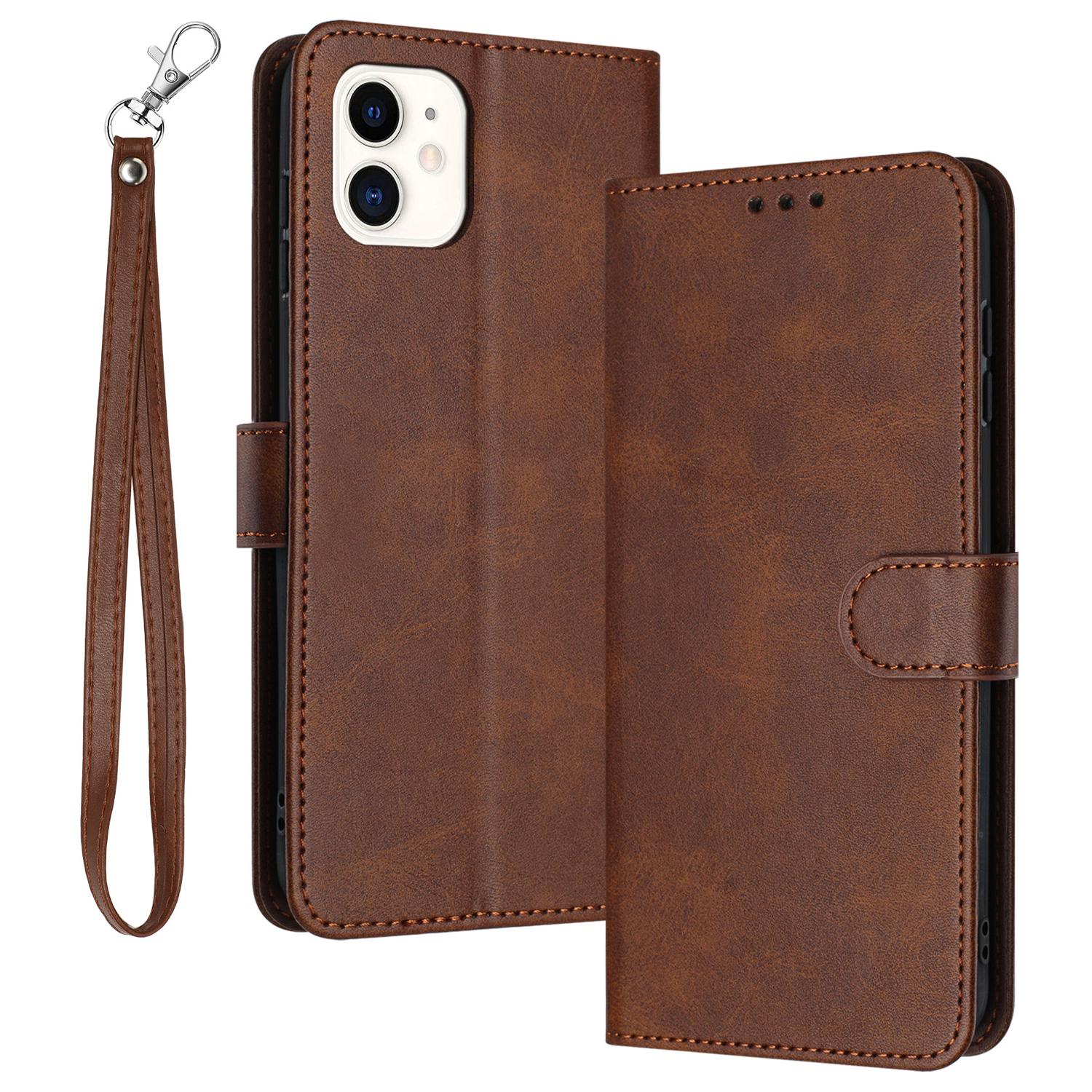 

For iPhone 11 Case Anti-Scratch Wallet Stand Phone Cover Pure Color Cell Phone Shell Brown