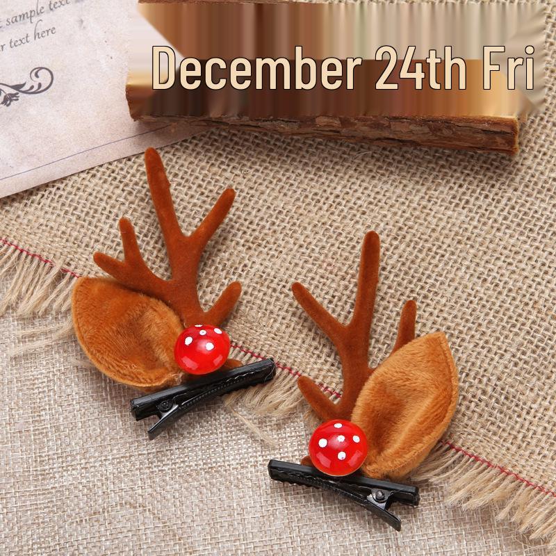 2025 Trendy Christmas Headband with Mushroom Ears & Antlers - Plush Hair Clip for Live Stream or Dress-up