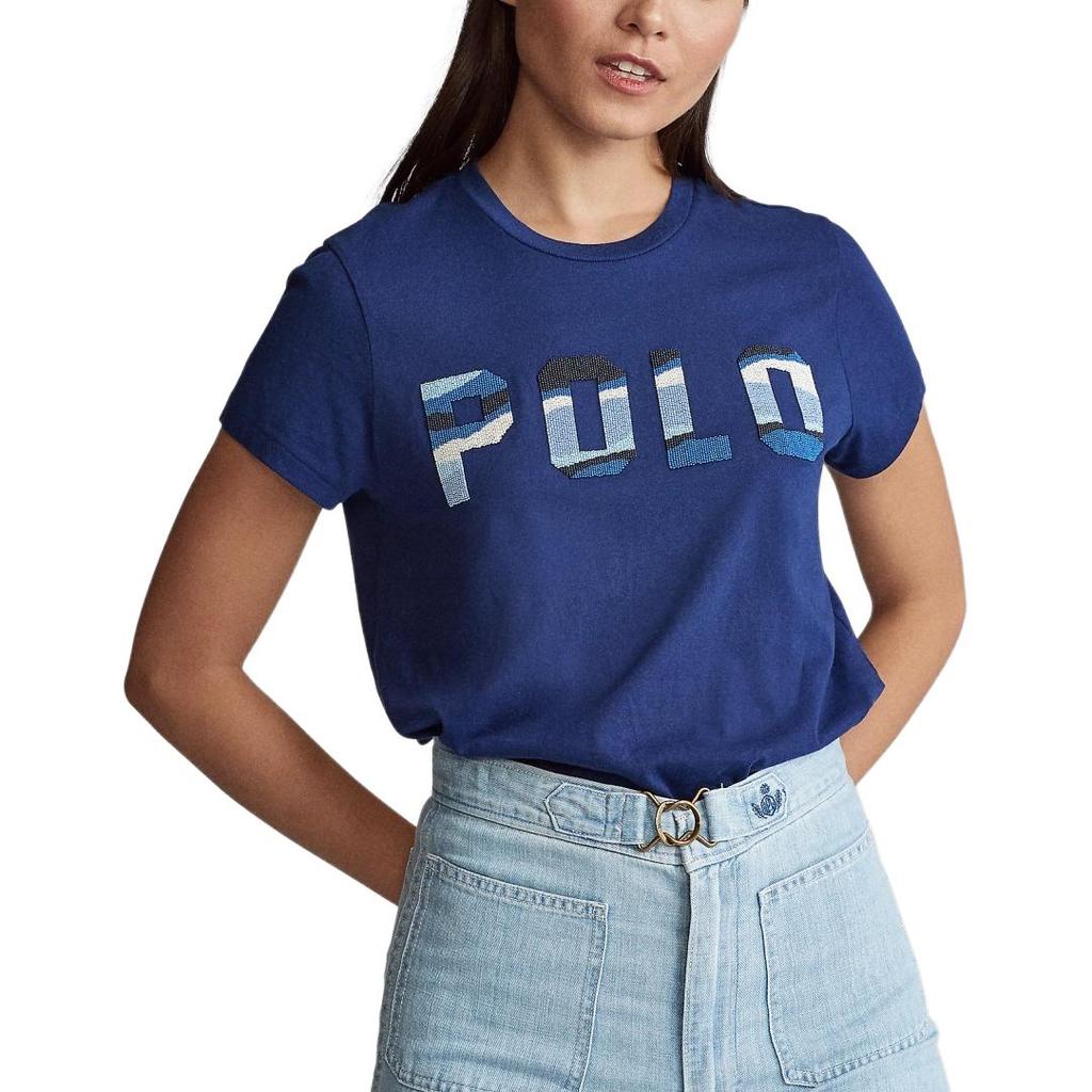 T-shirt da Donna Polo Ralph Lauren Girocollo Manica Corta Regular Ricamo Lettere con Perline Top 211784466-002