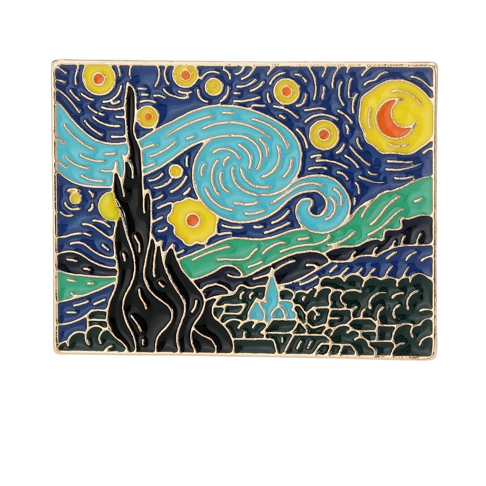Funny The Starry Night Enamel Brooches Golden Square Badge Van Gogh Oil Painting Pins For Artist Item Gift