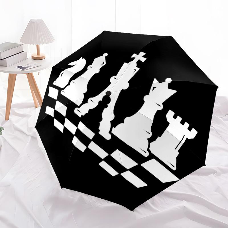 1pc Chess Pieces Automatic Open/Close Umbrella with One-Touch Button, Compact Folding Canopy, Sturdy 8-Rib Windproof Design S32