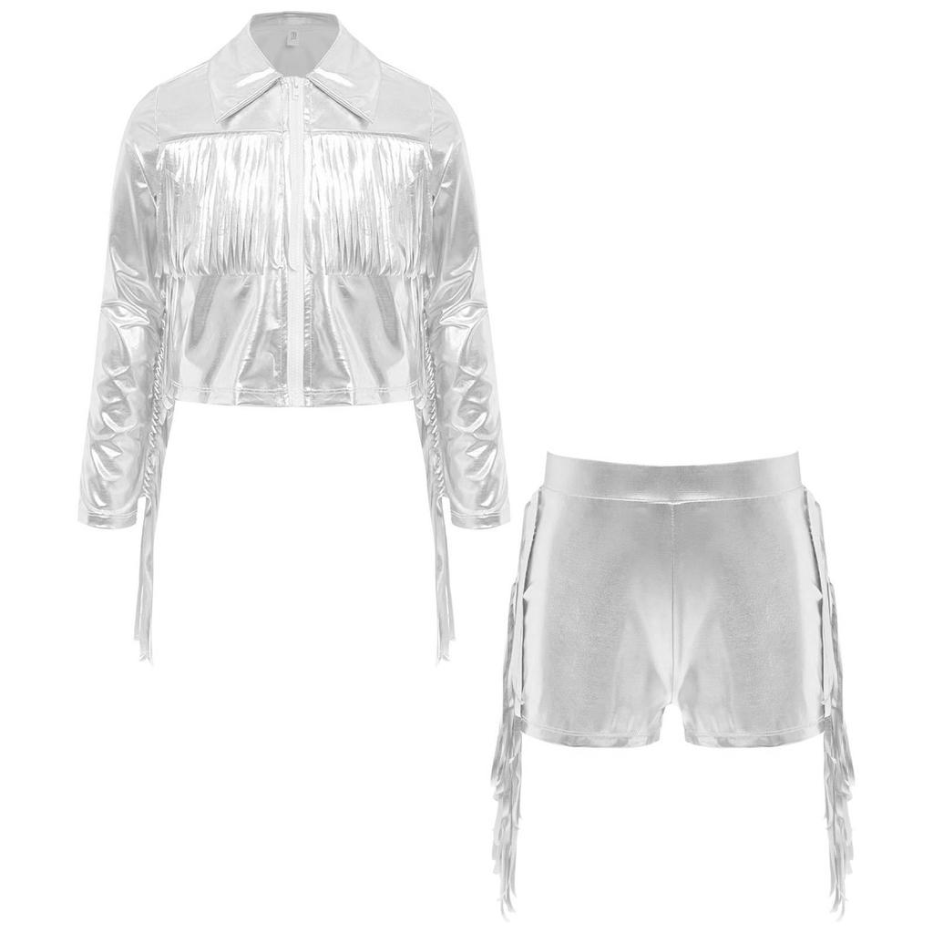 Mädchen Tanzjacke Quasten Fransen Metallic Top Umlegekragen Langarm Reißverschluss Glänzende Jacke Shorts