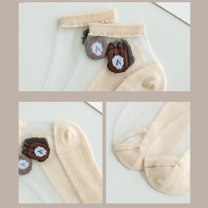5pais Women Girl Summer Thin Cartoon Bear Female Crystal Silk Socks Transparentsocks Lace Breathable Non-slip Glass Silk Socks