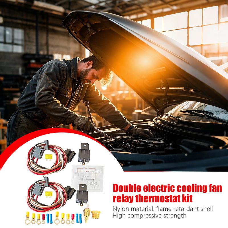 Automotive Electric Fan Relay Kit Double Electric Fan Wiring Kit 12V40A Waterproof Accessories With Temperature Sensor For Rainy