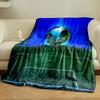 A soccer ball hovers above a green field with glowing blue background. for all seasons blanket lunch break throw gift