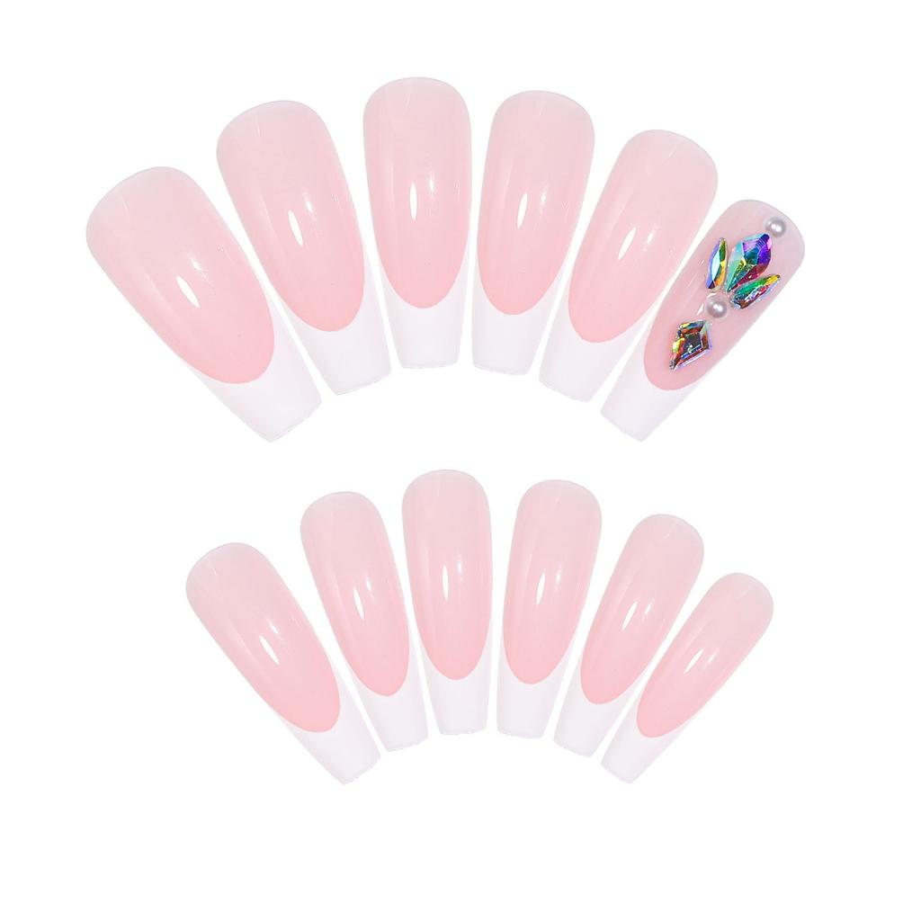 European And American Spot Manicure, Ballet Coffin Nail, French Manicure, White French Colored Diamond Fake Nails
