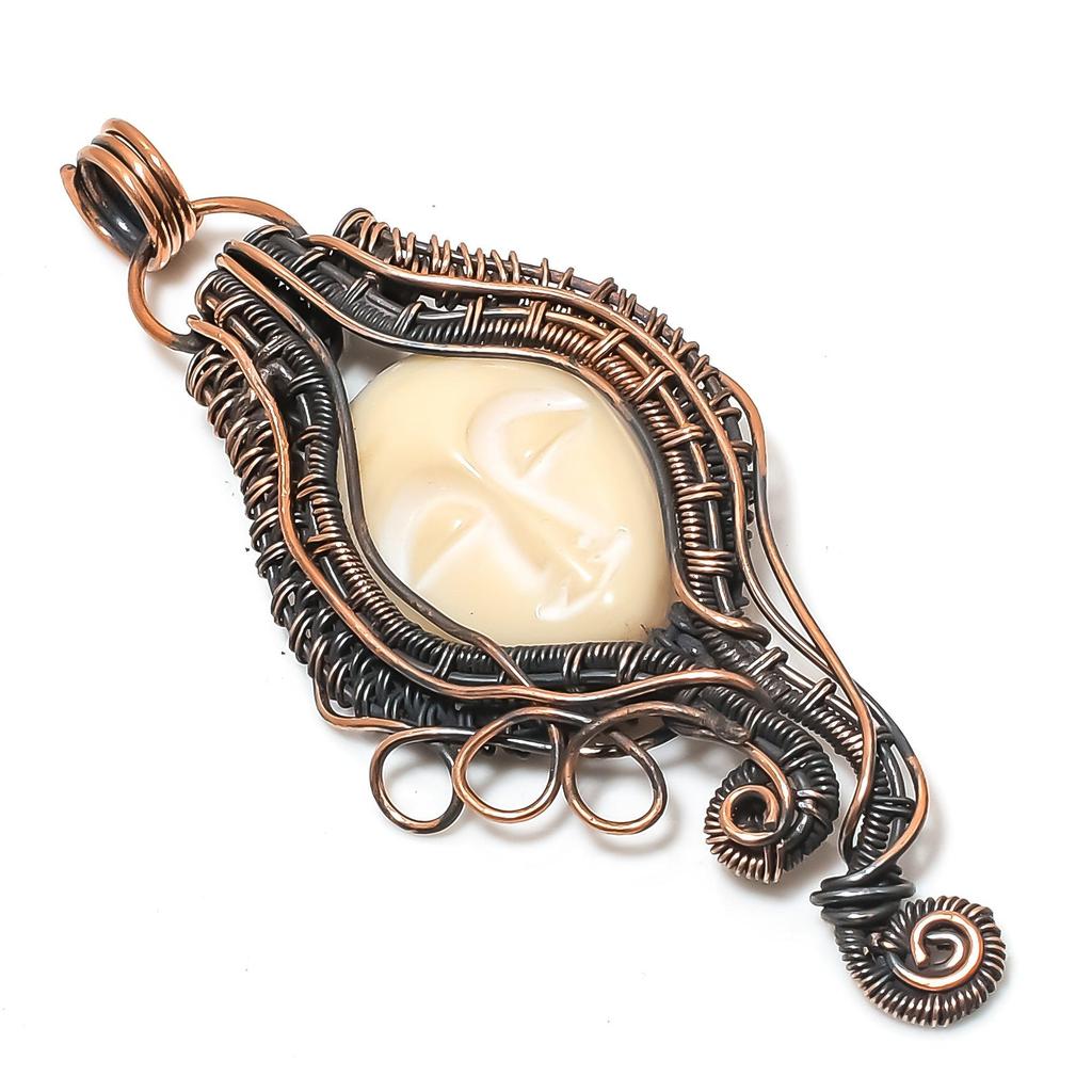 Carved Face 999 Copper Wire Wrapped Pendant, Handmade Gemstone Pendant Jewelry, Gifts For Wife Brand New Pendant