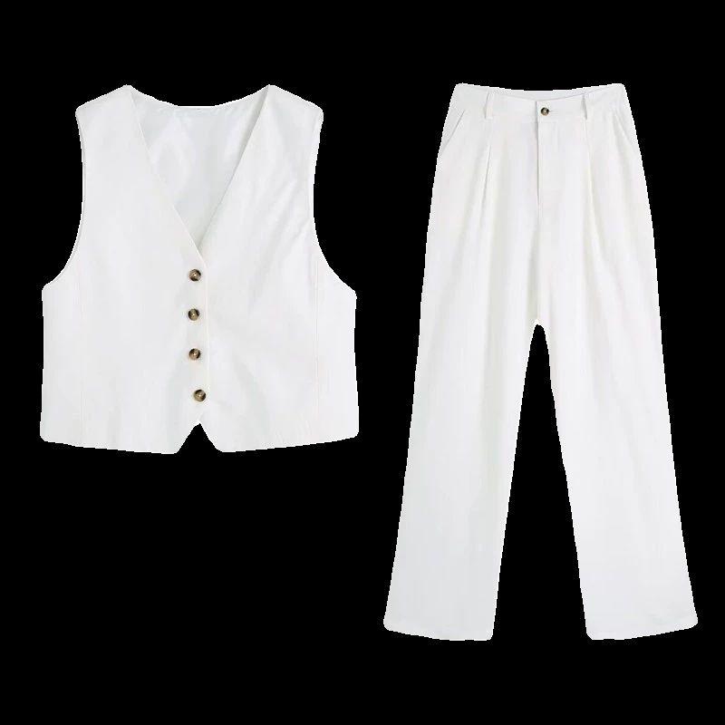 Fashion Wind White V-neck Short Vest Pants Linen