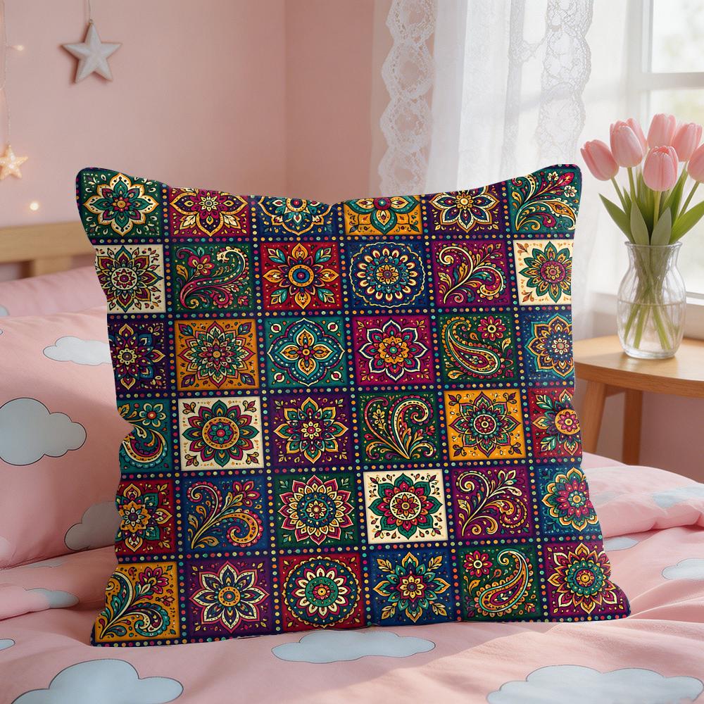 Vintage Bohemian Floral Grid Cushion Cover Short Plush Pillow Case Room Sofa Cushion Covers Home Decor Funda