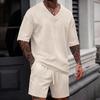 Men's V-neck Jacquard Casual Shirt & Shorts Set - Solid Color, Short-sleeve, Versatile