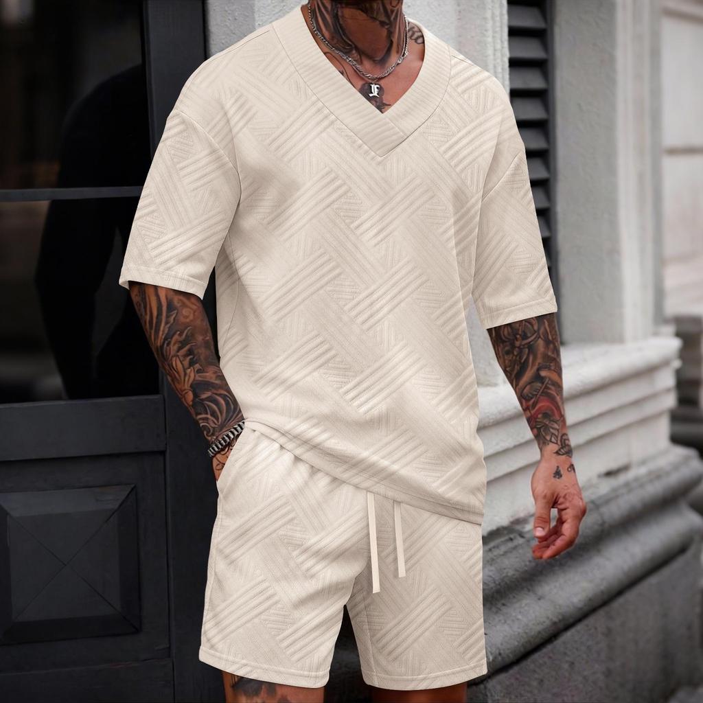 Men's V-neck Jacquard Casual Shirt & Shorts Set - Solid Color, Short-sleeve, Versatile