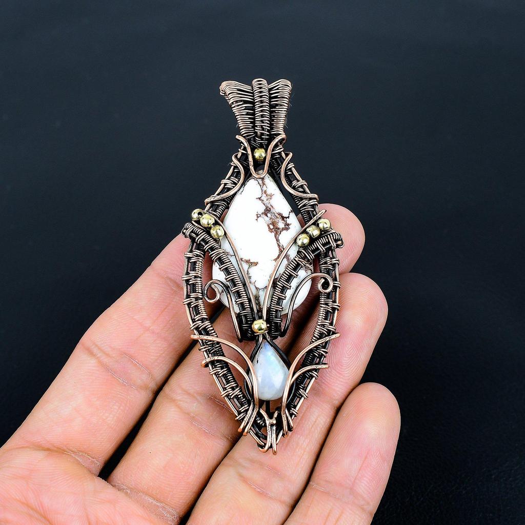 Wild Horse Jasper &  Moonstone Pendant, 999 Copper Wire Wrapped Gemstone Jewelry, Handmade Tree Of Life Pendant, For Thanksgiving