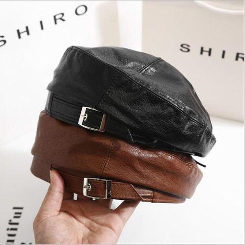 Beret Female  Pu Leather Ins British Retro Wild Painter Hat Temperament Leather Hat