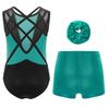 Dívčí 3dílná taneční souprava Bez rukávů Metalické leotard Křížená záda Kamínky Barevně blokovaný design se šortkami Čelenka