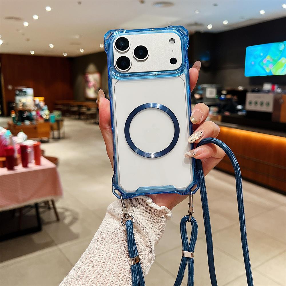 

Lanyard Crossbody Strap Magnetic Transparent Armor Case For iPhone 17 16 15 14 13 12 Pro Max Air 11 Acrylic Clear Cover Case & Strap&iPhone 11